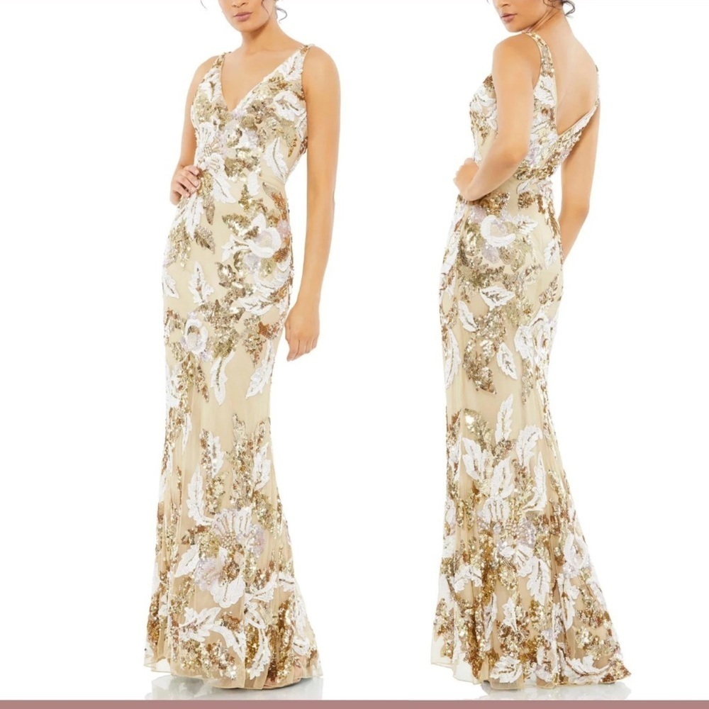 NWT $598 Mac Duggal size 12 v-Neck Sleeveless Floral Embellished  Sequin Gown